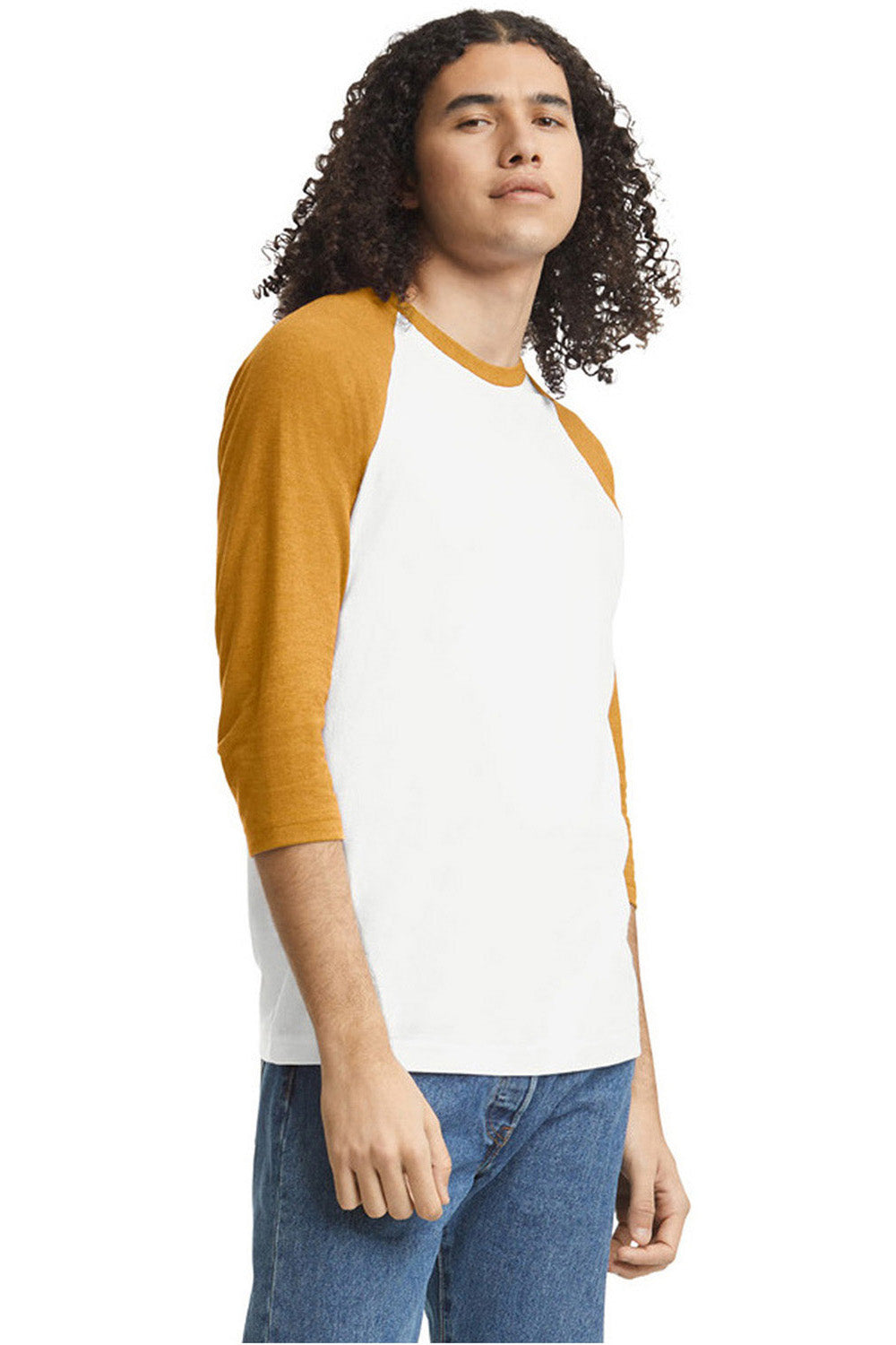 American Apparel 2003CVC Mens CVC Raglan 3/4 Sleeve Crewneck T-Shirt White/Heather Mustard Yellow Model Side