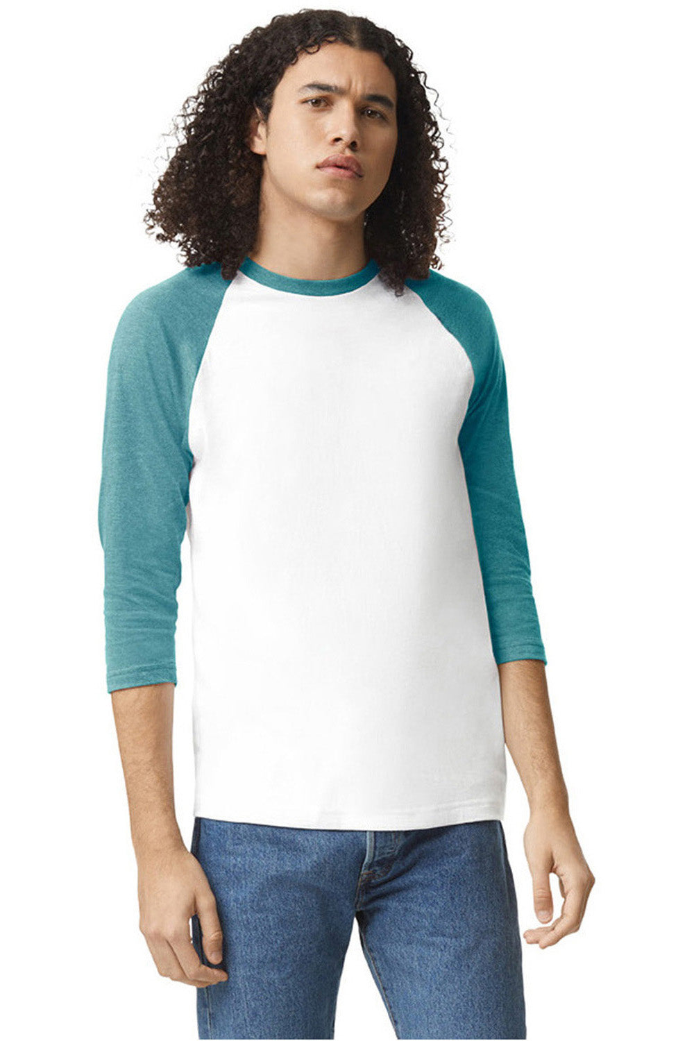 American Apparel 2003CVC Mens CVC Raglan 3/4 Sleeve Crewneck T-Shirt White/Heather Arctic Blue Model Front
