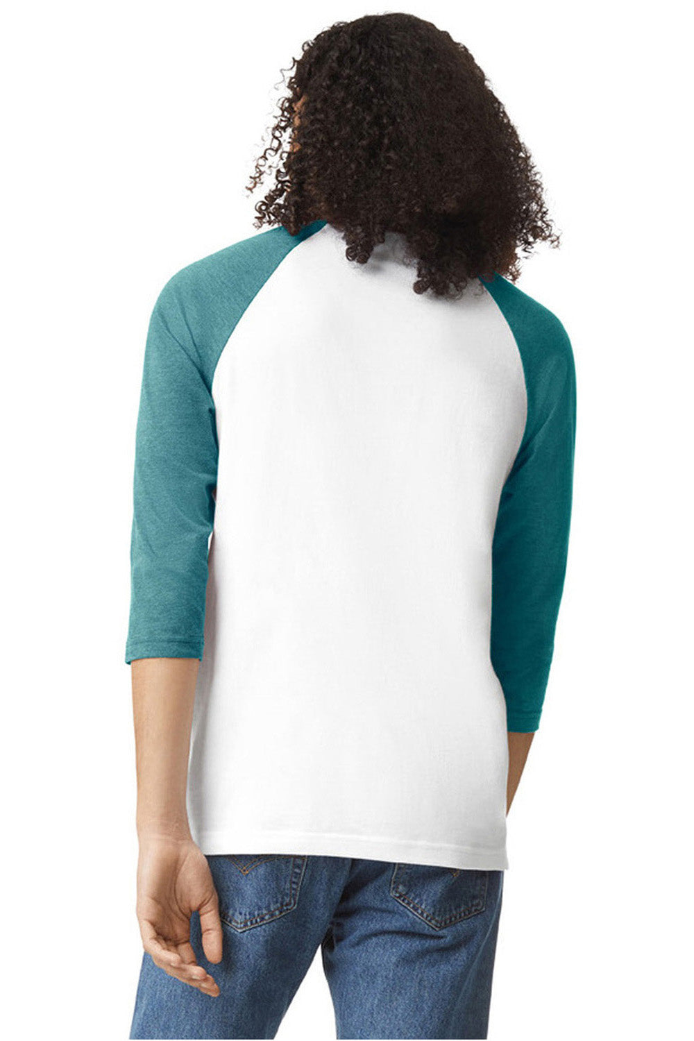 American Apparel 2003CVC Mens CVC Raglan 3/4 Sleeve Crewneck T-Shirt White/Heather Arctic Blue Model Back