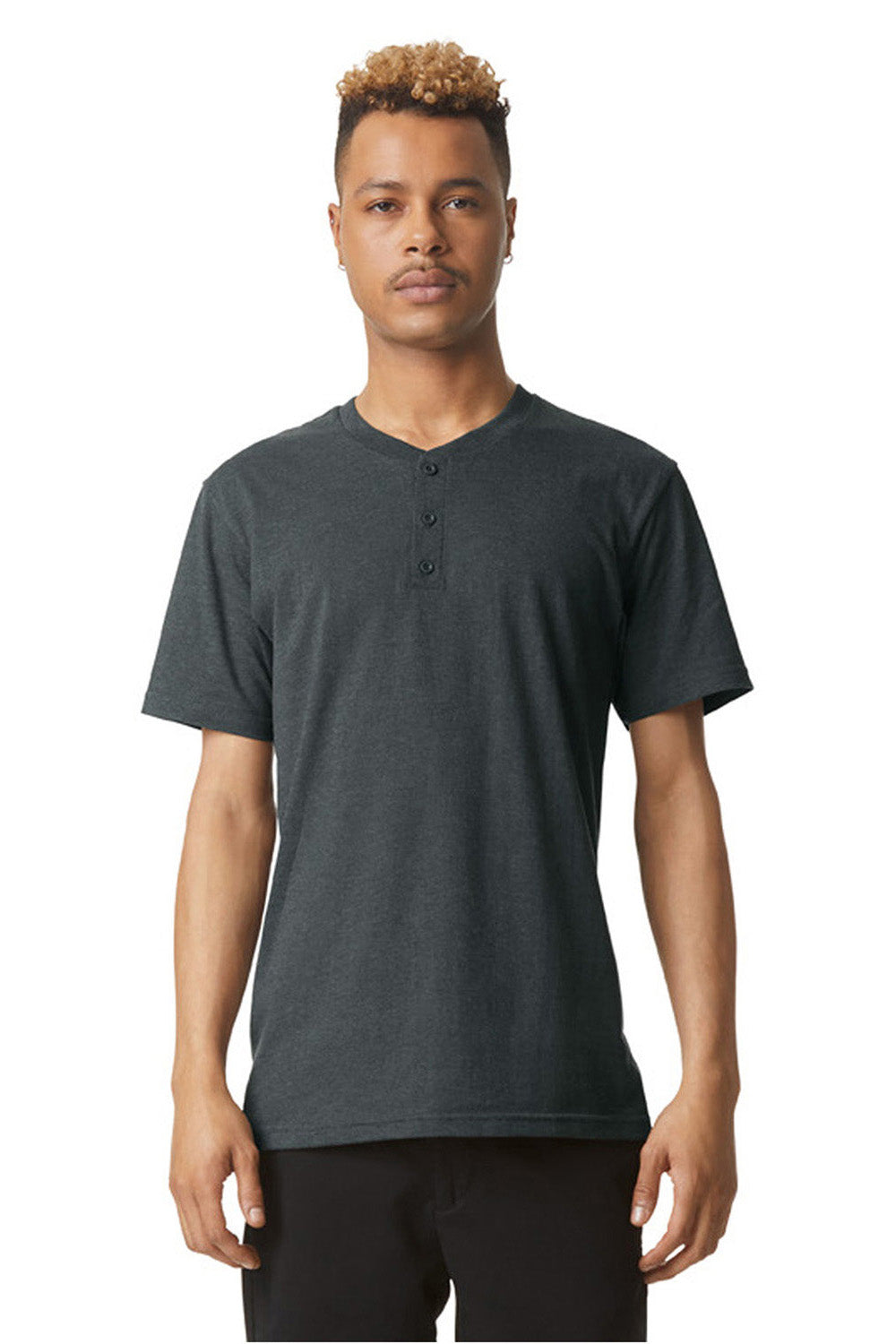 American Apparel 2004CVC Mens CVC Short Sleeve Henley T-Shirt Heather Charcoal Grey Model Front