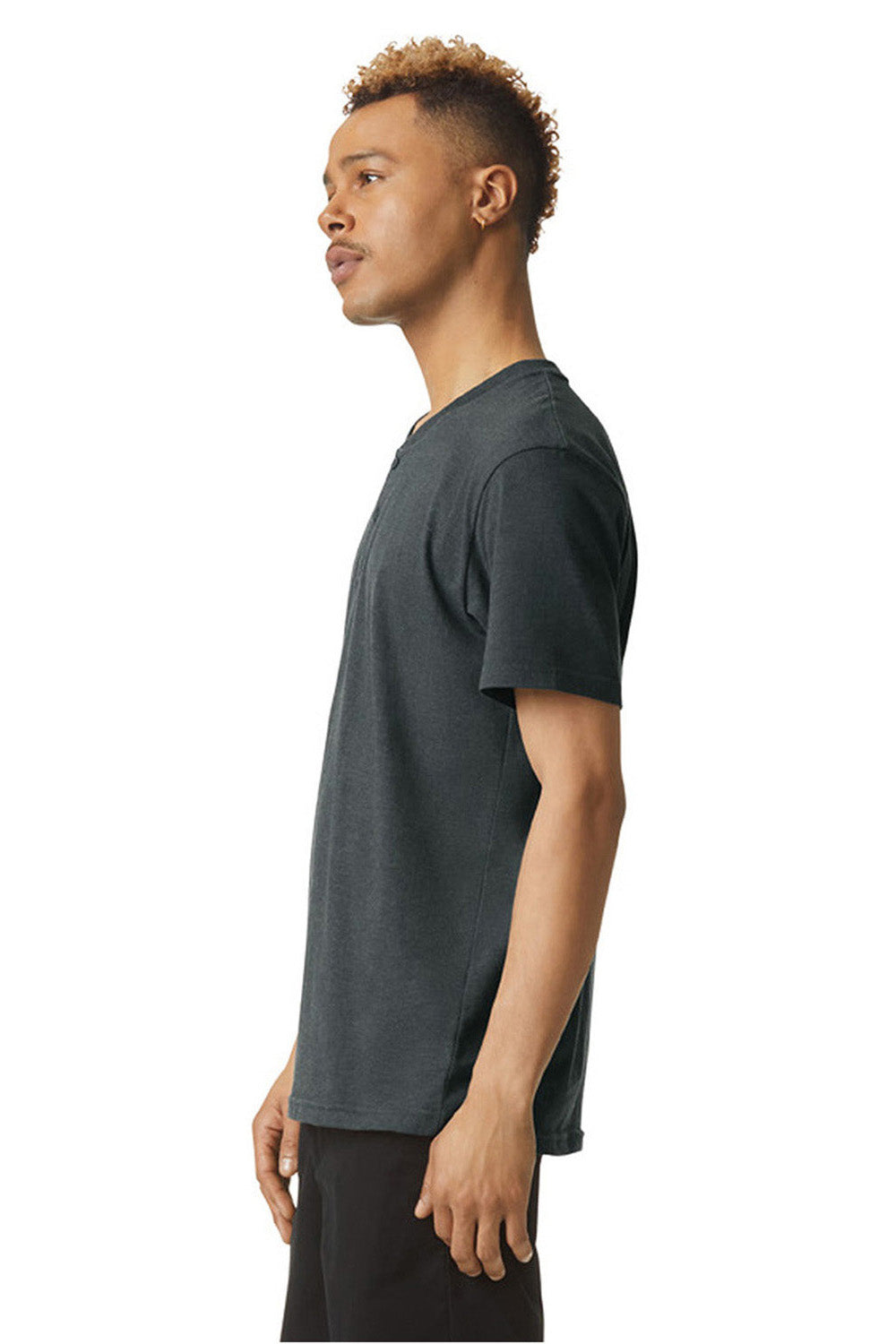 American Apparel 2004CVC Mens CVC Short Sleeve Henley T-Shirt Heather Charcoal Grey Model Side