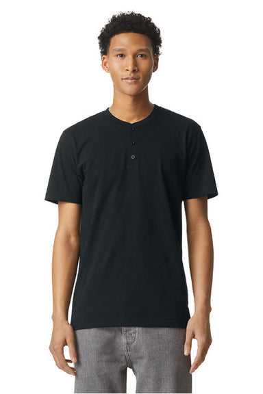 American Apparel 2004CVC Mens CVC Short Sleeve Henley T-Shirt Black Model Front