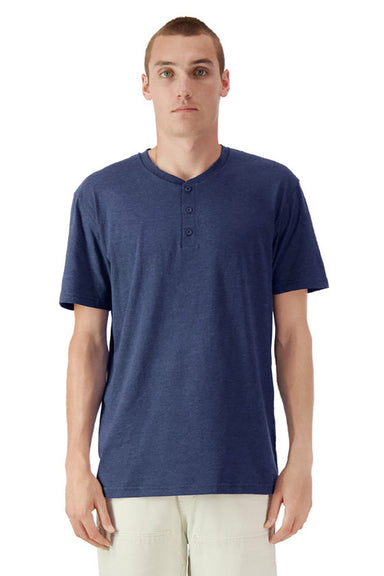 American Apparel 2004CVC Mens CVC Short Sleeve Henley T-Shirt Heather Indigo Blue Model Front