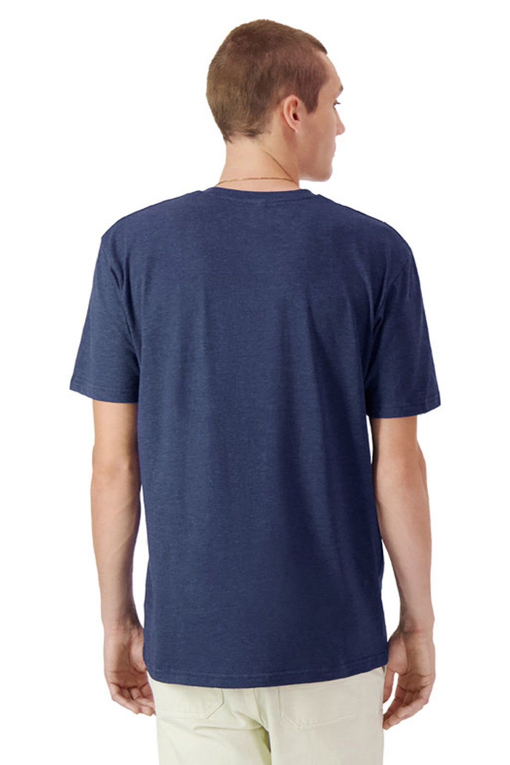 American Apparel 2004CVC Mens CVC Short Sleeve Henley T-Shirt Heather Indigo Blue Model Back