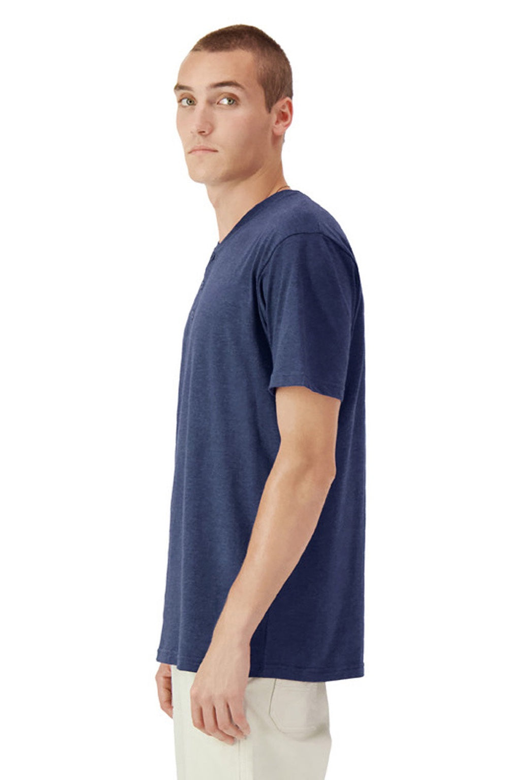 American Apparel 2004CVC Mens CVC Short Sleeve Henley T-Shirt Heather Indigo Blue Model Side