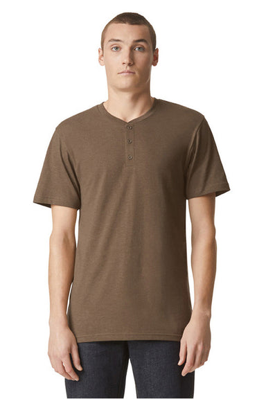 American Apparel 2004CVC Mens CVC Short Sleeve Henley T-Shirt Heather Army Brown Model Front