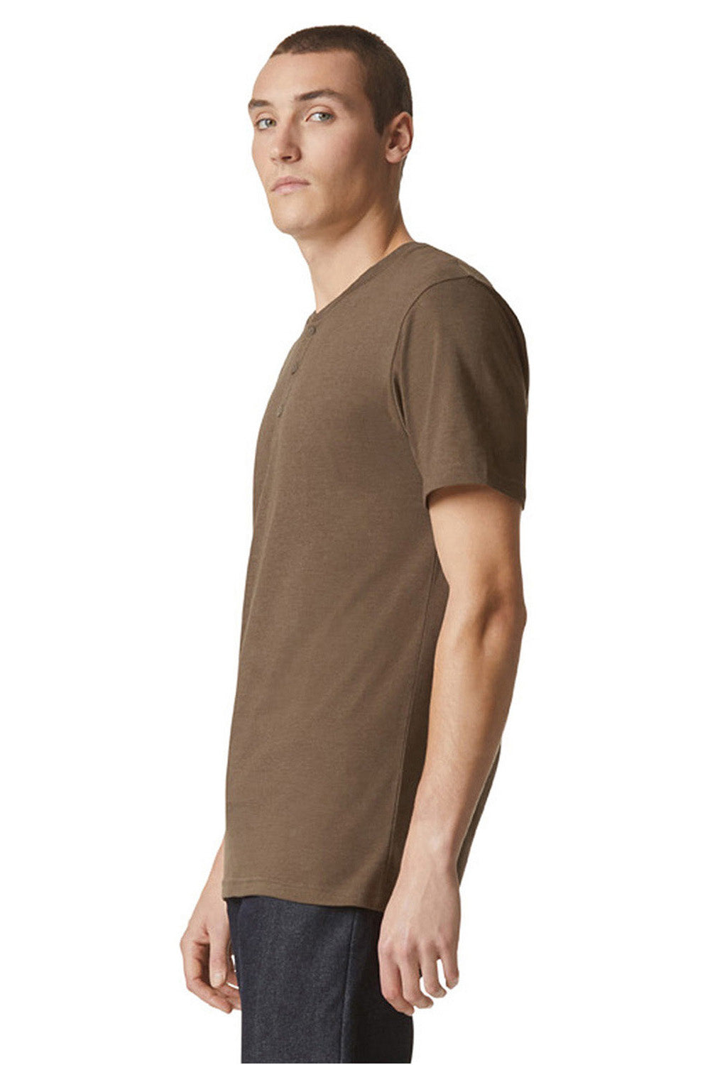 American Apparel 2004CVC Mens CVC Short Sleeve Henley T-Shirt Heather Army Brown Model Side