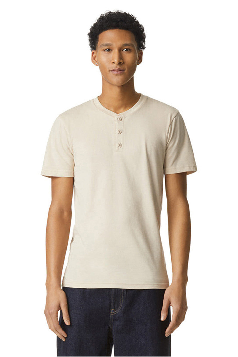 American Apparel 2004CVC Mens CVC Short Sleeve Henley T-Shirt Heather Bone Model Front