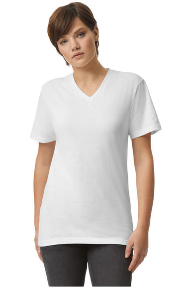 American Apparel 2006CVC Mens CVC Short Sleeve V-Neck T-Shirt White Model Front