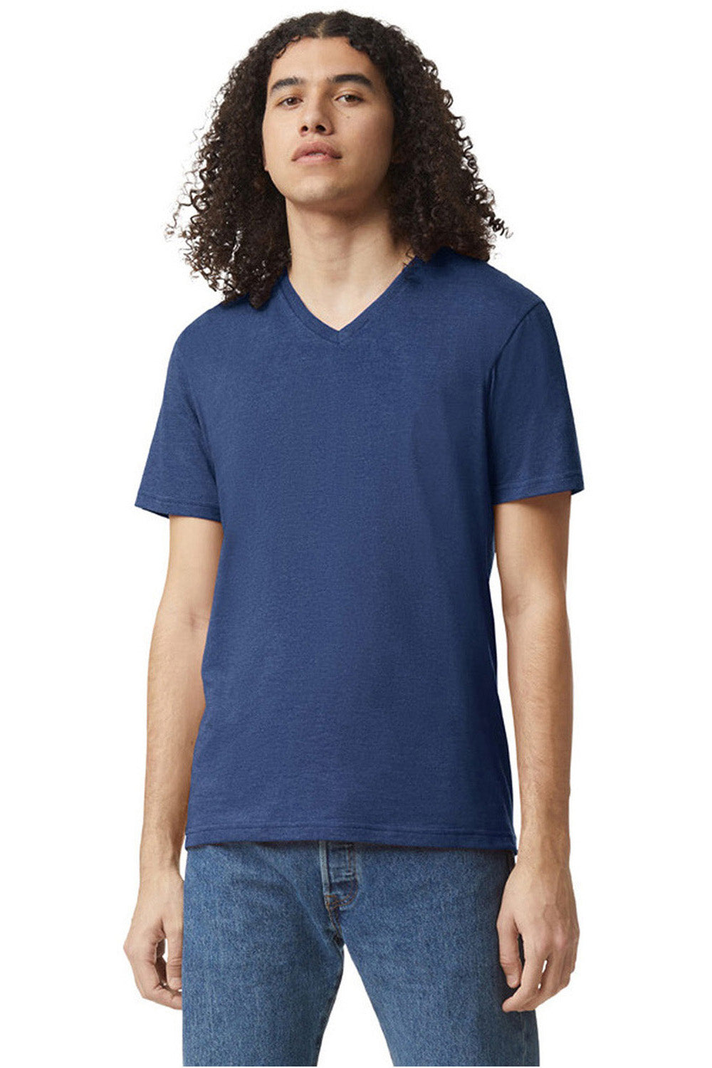 American Apparel 2006CVC Mens CVC Short Sleeve V-Neck T-Shirt Heather Indigo Blue Model Front
