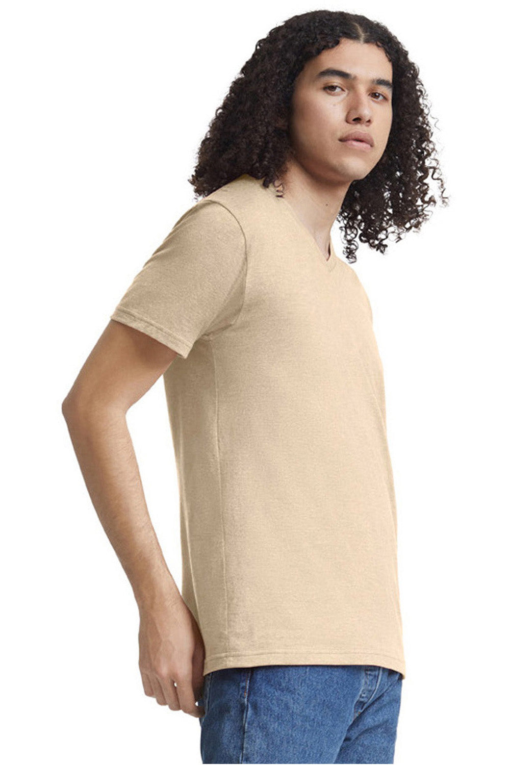 American Apparel 2006CVC Mens CVC Short Sleeve V-Neck T-Shirt Heather Bone Model Side