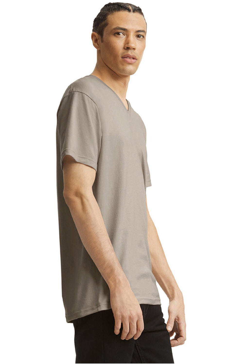 American Apparel 2006CVC Mens CVC Short Sleeve V-Neck T-Shirt Heather Khaki Model Side