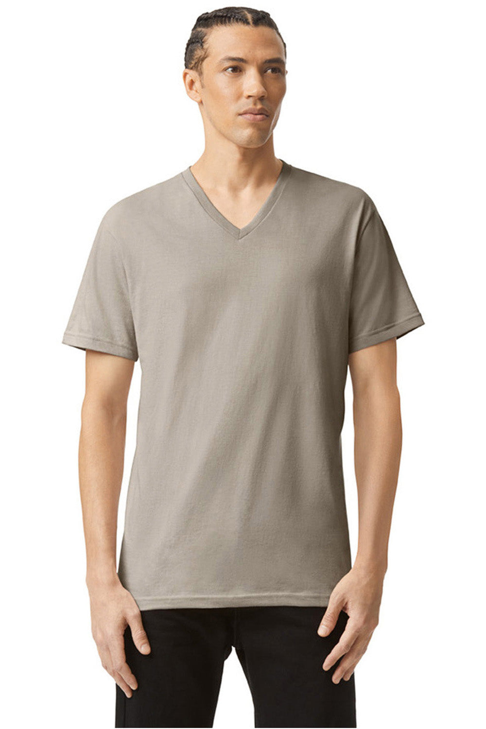 American Apparel 2006CVC Mens CVC Short Sleeve V-Neck T-Shirt Heather Khaki Brown Model Front