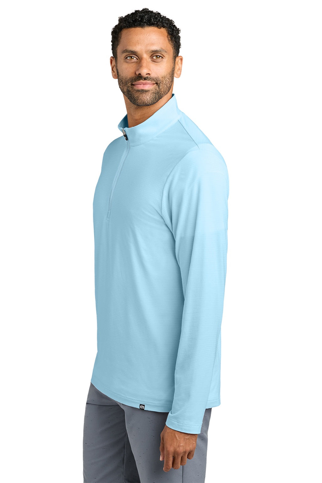TravisMathew TM1MW452 Mens Crestview 1/4 Zip Sweatshirt Dream Blue Model Side