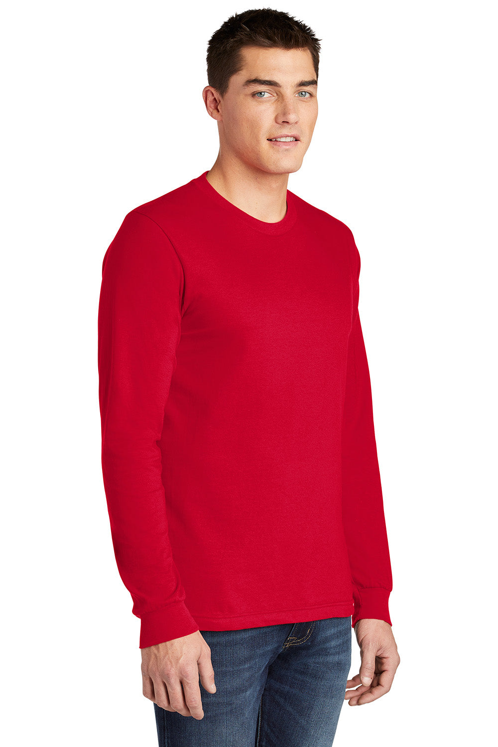 American Apparel 2007 Mens Fine Jersey Long Sleeve Crewneck T-Shirt Red Model 3Q