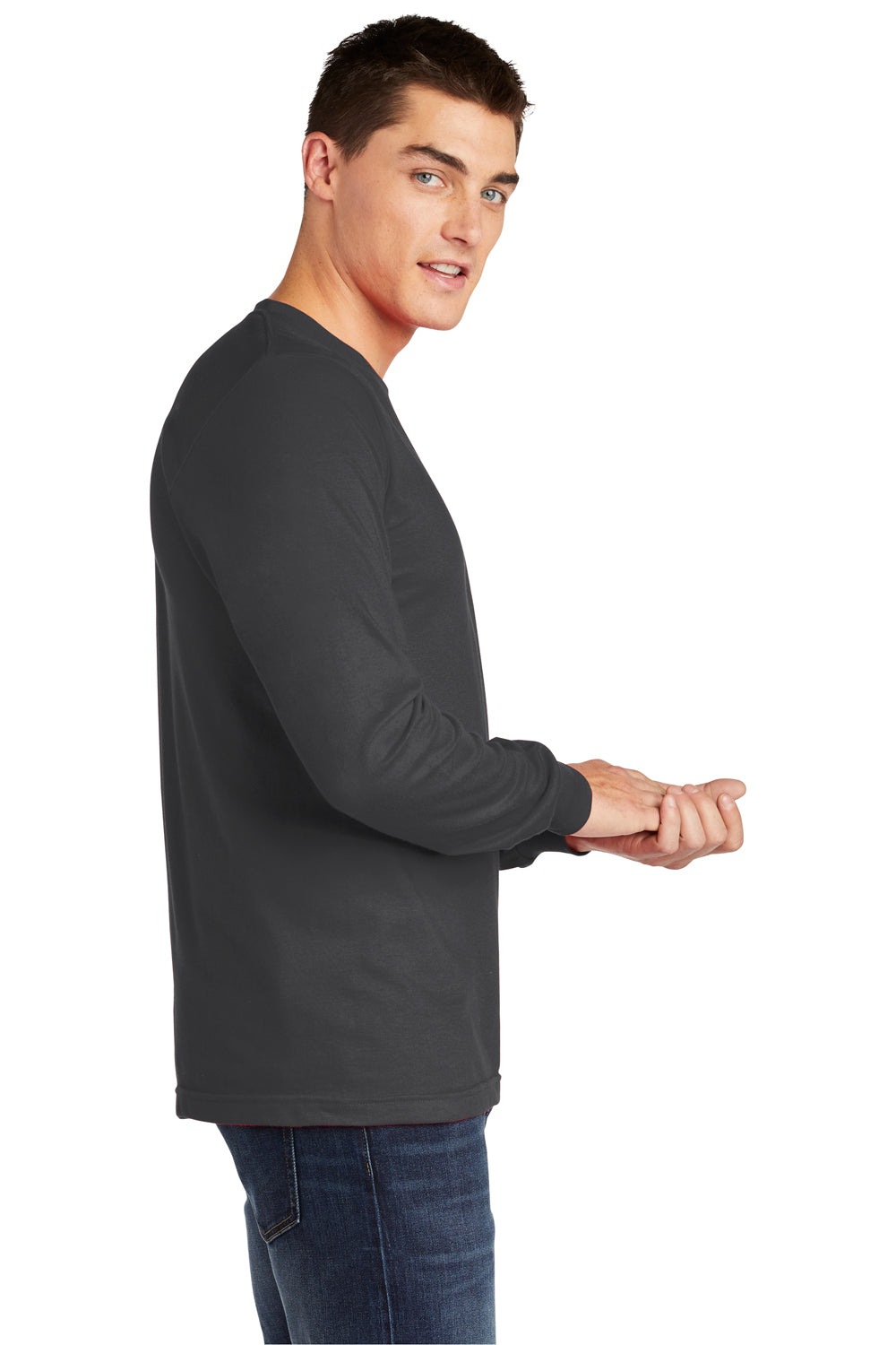 American Apparel 2007 Mens Fine Jersey Long Sleeve Crewneck T-Shirt Asphalt Grey Model Side
