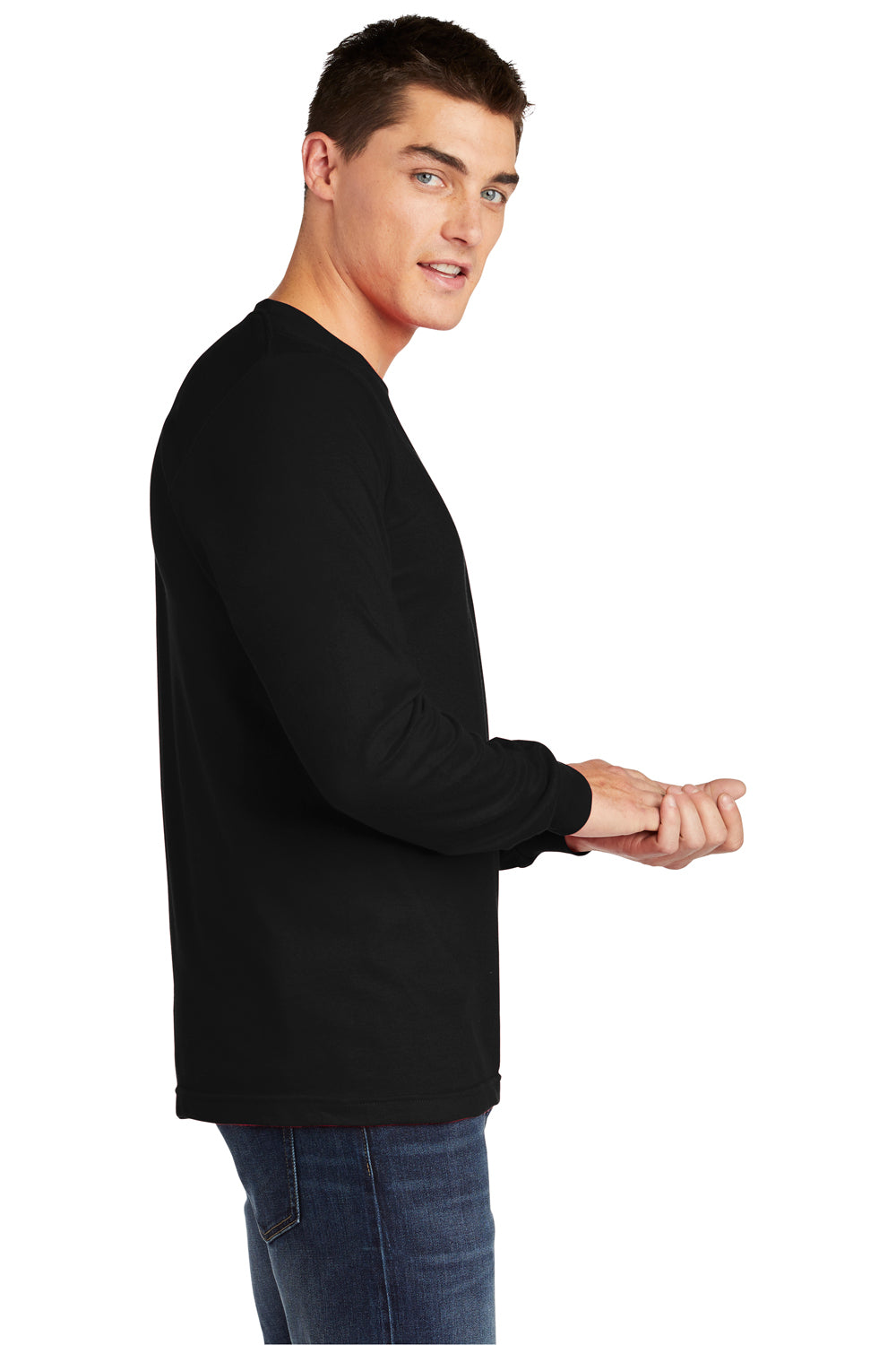 American Apparel 2007 Mens Fine Jersey Long Sleeve Crewneck T-Shirt Black Model Side