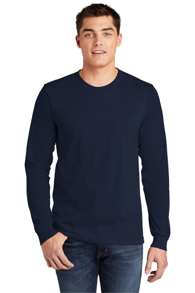 American Apparel 2007 Mens Fine Jersey Long Sleeve Crewneck T-Shirt Navy Blue Model Front
