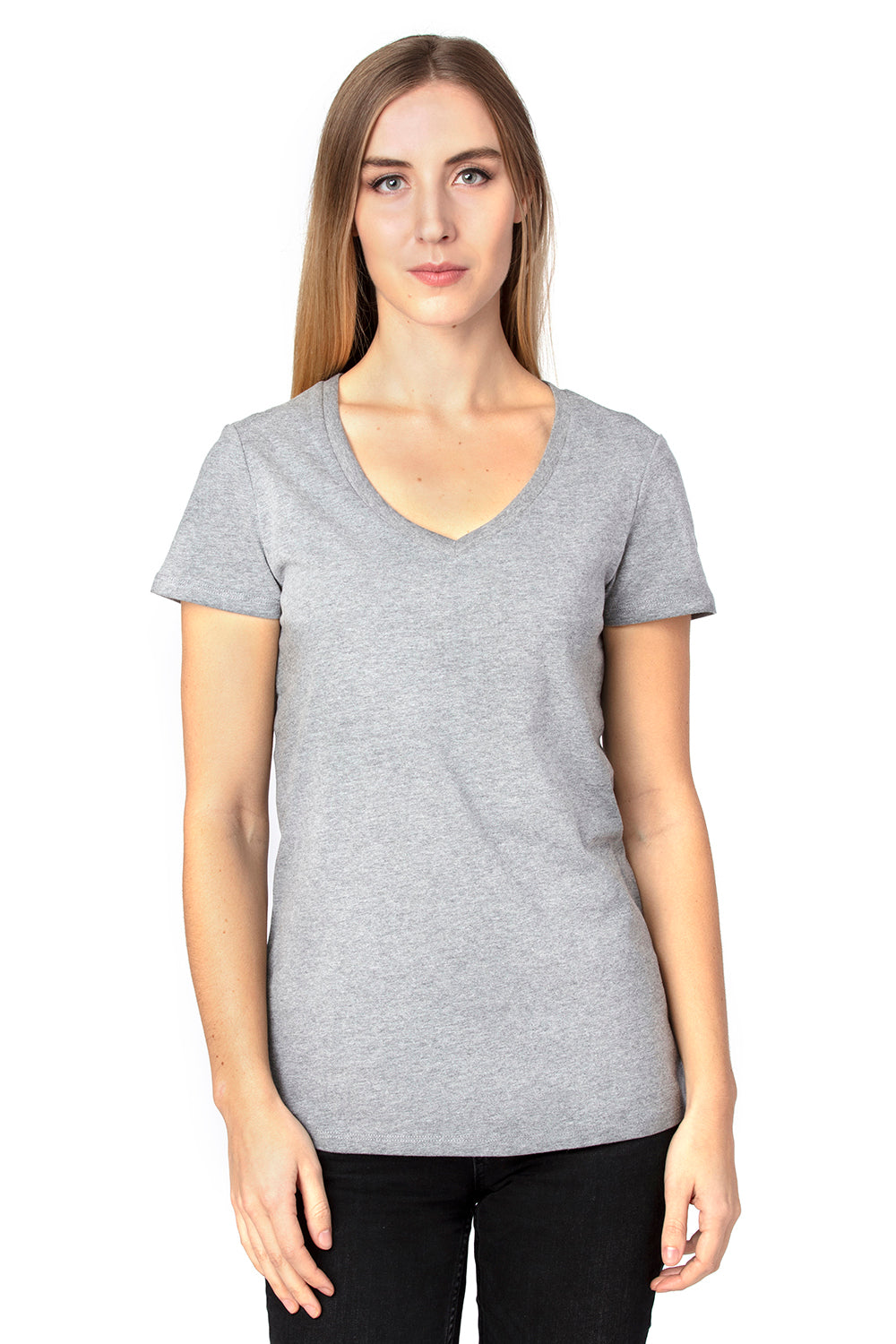 Threadfast Apparel 200RV Womens Ultimate Short Sleeve V-Neck T-Shirt Heather Grey Model Front