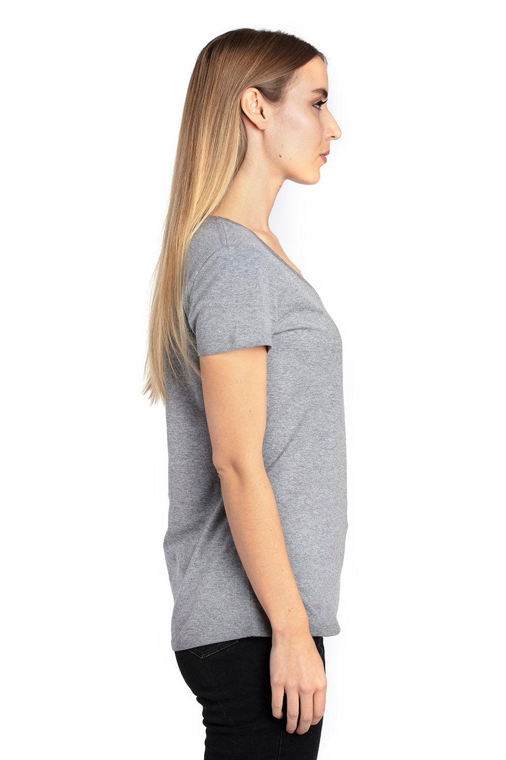 Threadfast Apparel 200RV Womens Ultimate Short Sleeve V-Neck T-Shirt Heather Grey Model Side