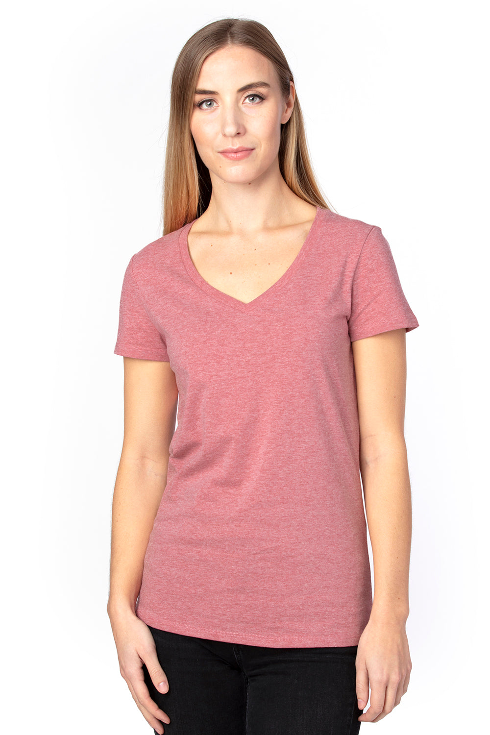 Threadfast Apparel 200RV Womens Ultimate Short Sleeve V-Neck T-Shirt Heather Maroon Model Front