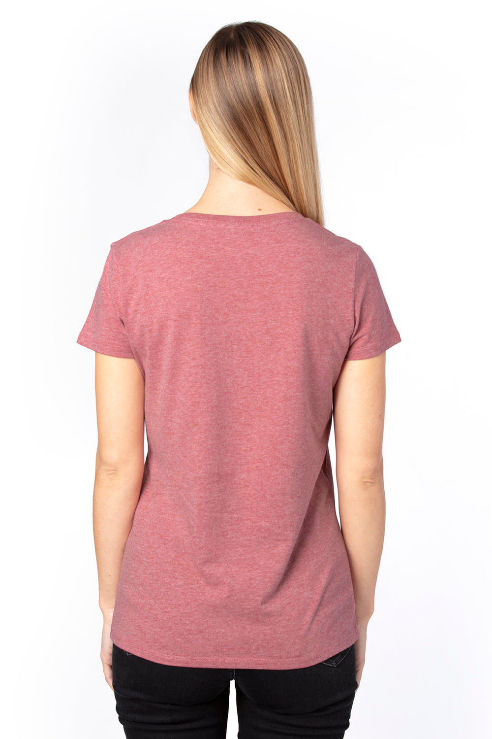 Threadfast Apparel 200RV Womens Ultimate Short Sleeve V-Neck T-Shirt Heather Maroon Model Back