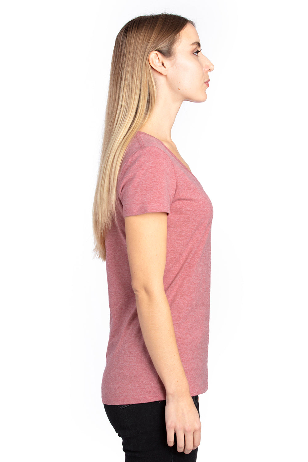 Threadfast Apparel 200RV Womens Ultimate Short Sleeve V-Neck T-Shirt Heather Maroon Model Side