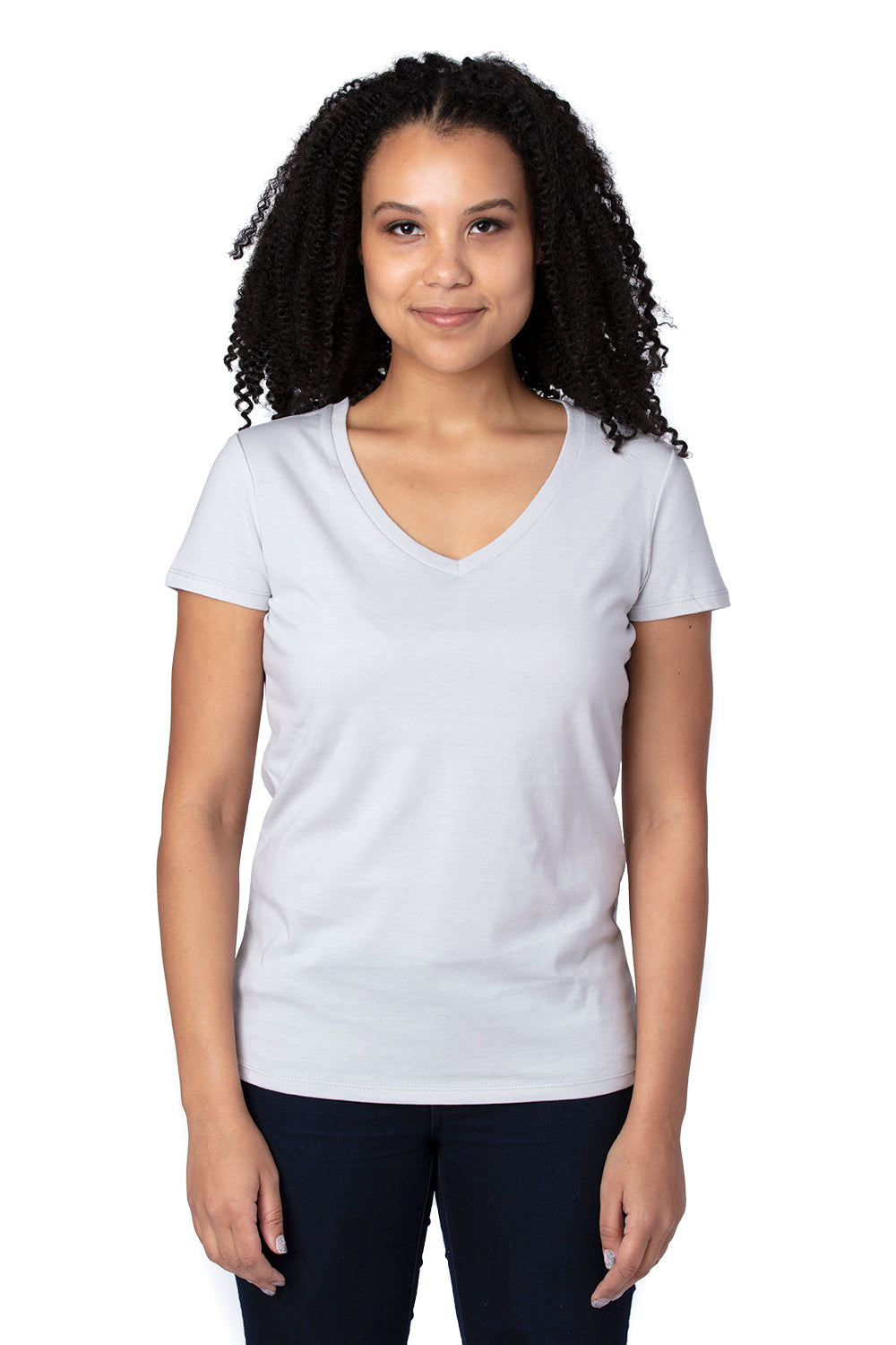 Threadfast Apparel 200RV Womens Ultimate Short Sleeve V-Neck T-Shirt Silver Grey Model Front