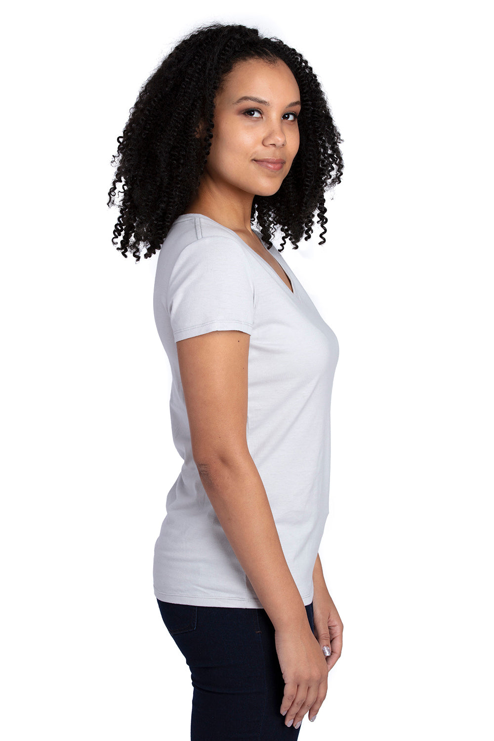 Threadfast Apparel 200RV Womens Ultimate Short Sleeve V-Neck T-Shirt Silver Grey Model Side