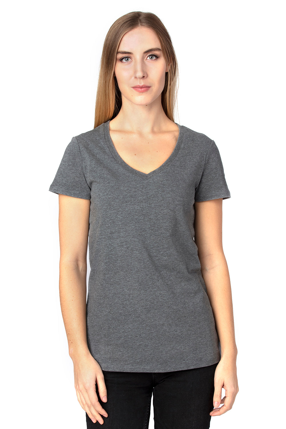 Threadfast Apparel 200RV Womens Ultimate Short Sleeve V-Neck T-Shirt Heather Charcoal Grey Model Front