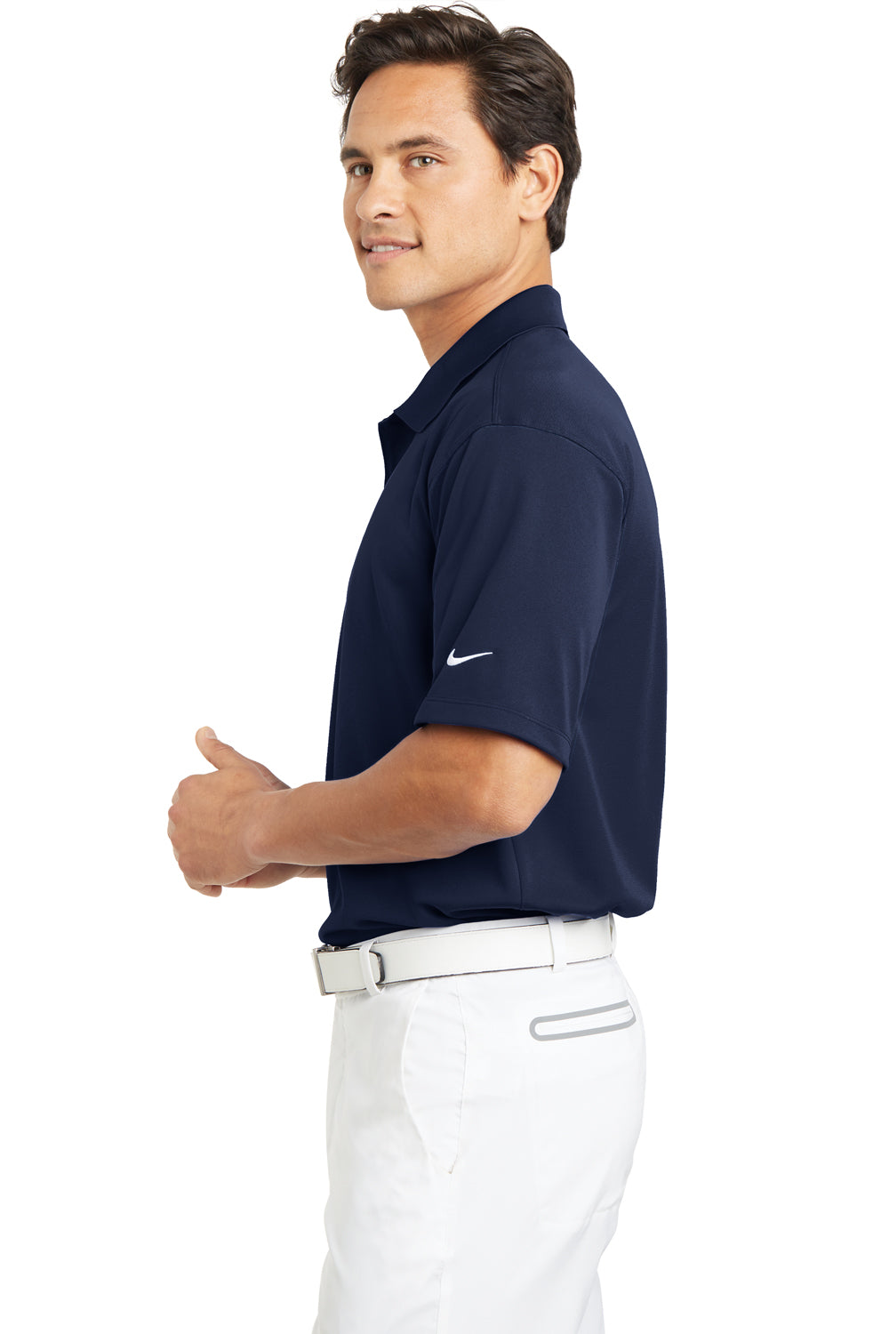 Nike 203690 Mens Tech Basic Dri-Fit Moisture Wicking Short Sleeve Polo Shirt Midnight Navy Blue Model Side