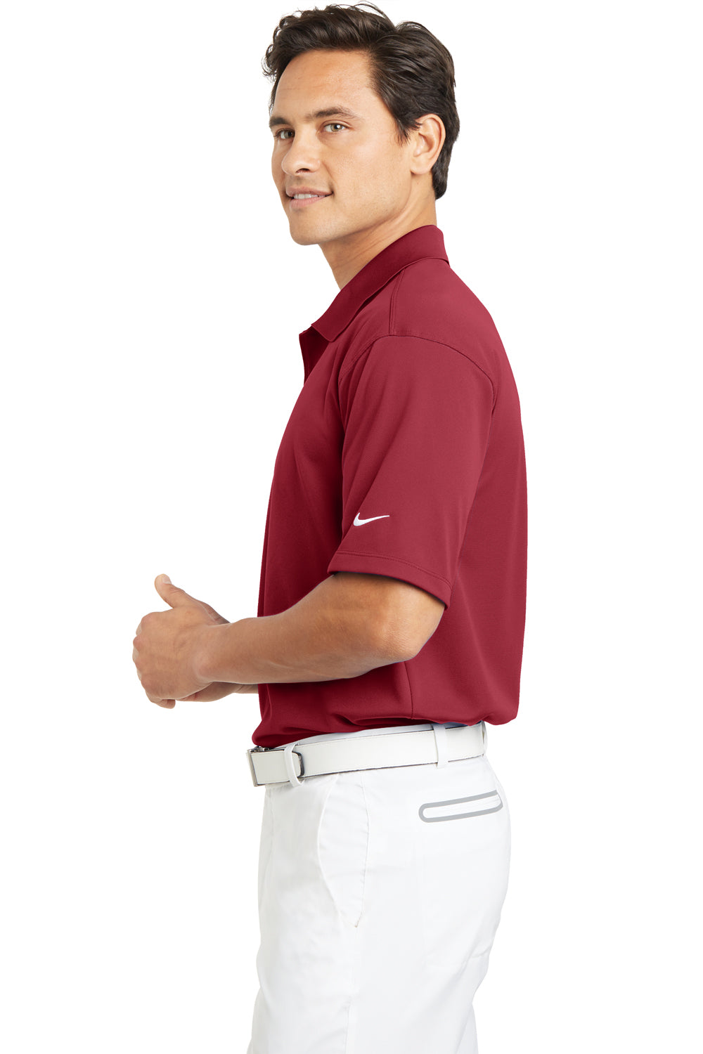 Nike 203690 Mens Tech Basic Dri-Fit Moisture Wicking Short Sleeve Polo Shirt Pro Red Model Side