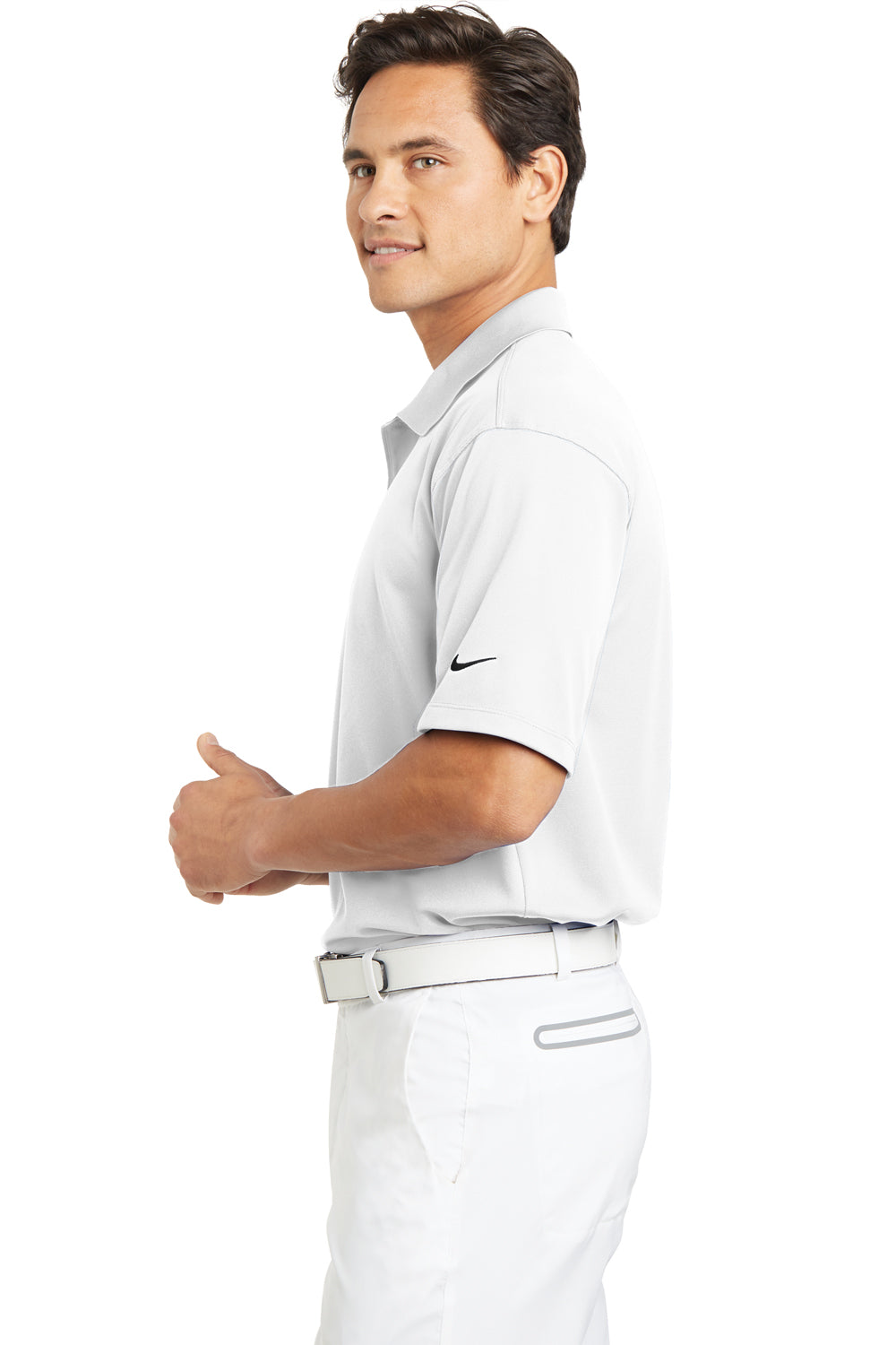 Nike 203690 Mens Tech Basic Dri-Fit Moisture Wicking Short Sleeve Polo Shirt White Model Side