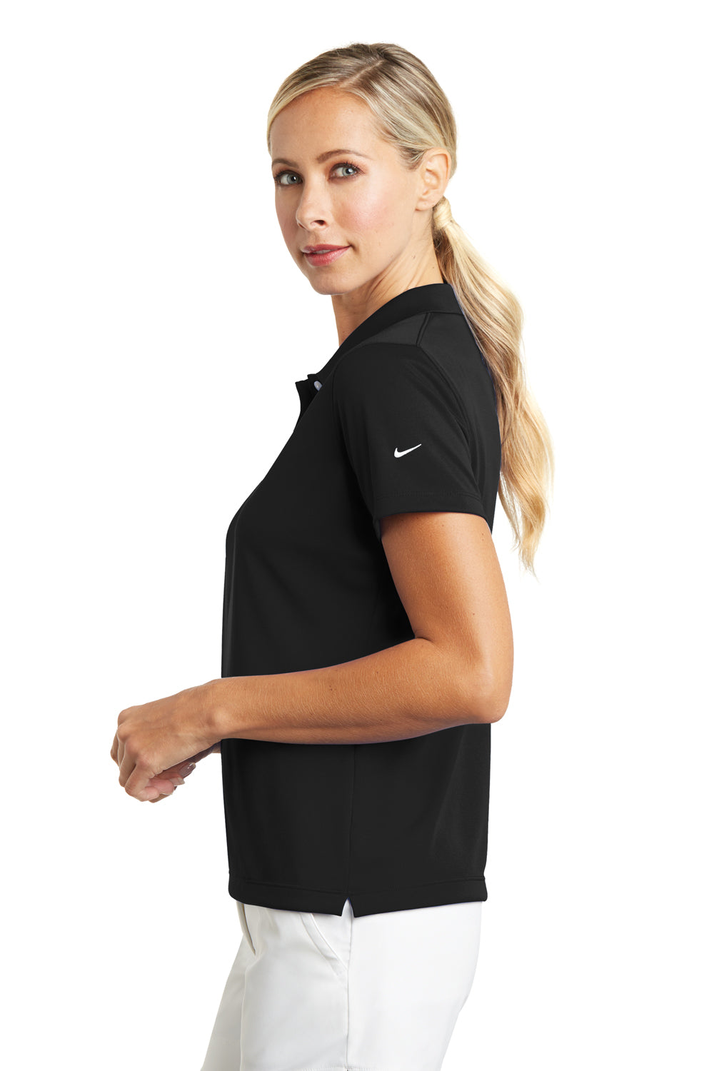 Nike 203697 Womens Tech Basic Dri-Fit Moisture Wicking Short Sleeve Polo Shirt Black Model Side
