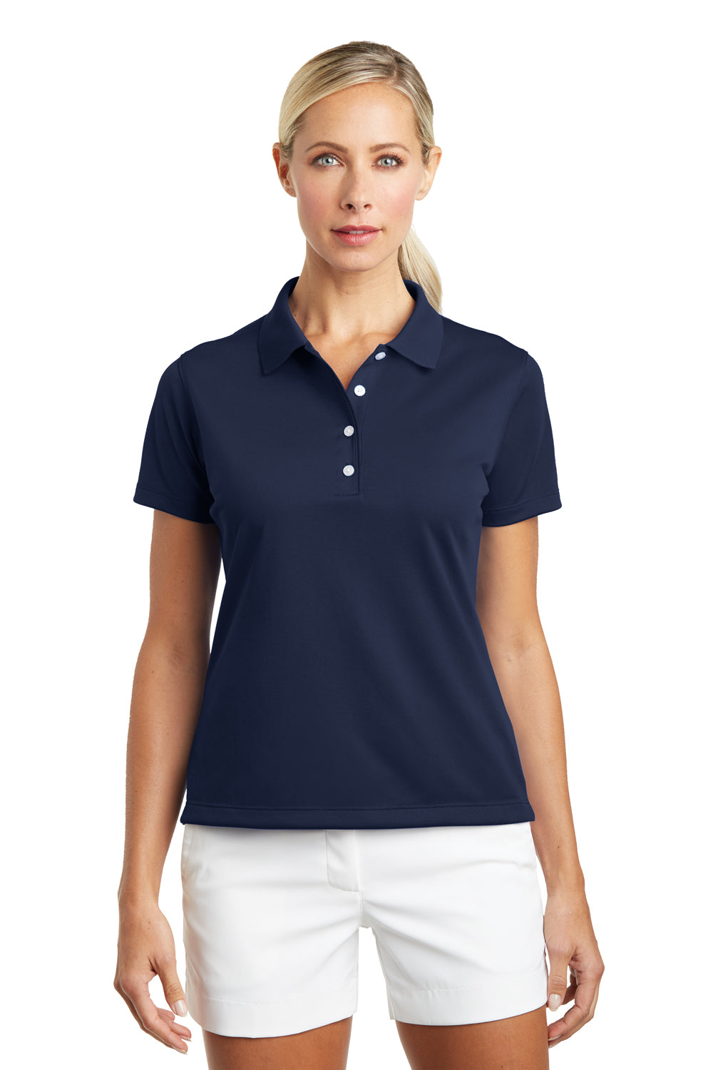 Nike 203697 Womens Tech Basic Dri-Fit Moisture Wicking Short Sleeve Polo Shirt Midnight Navy Blue Model Front