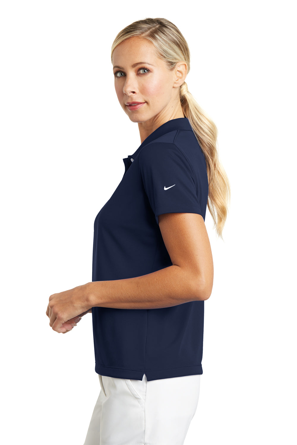Nike 203697 Womens Tech Basic Dri-Fit Moisture Wicking Short Sleeve Polo Shirt Midnight Navy Blue Model Side