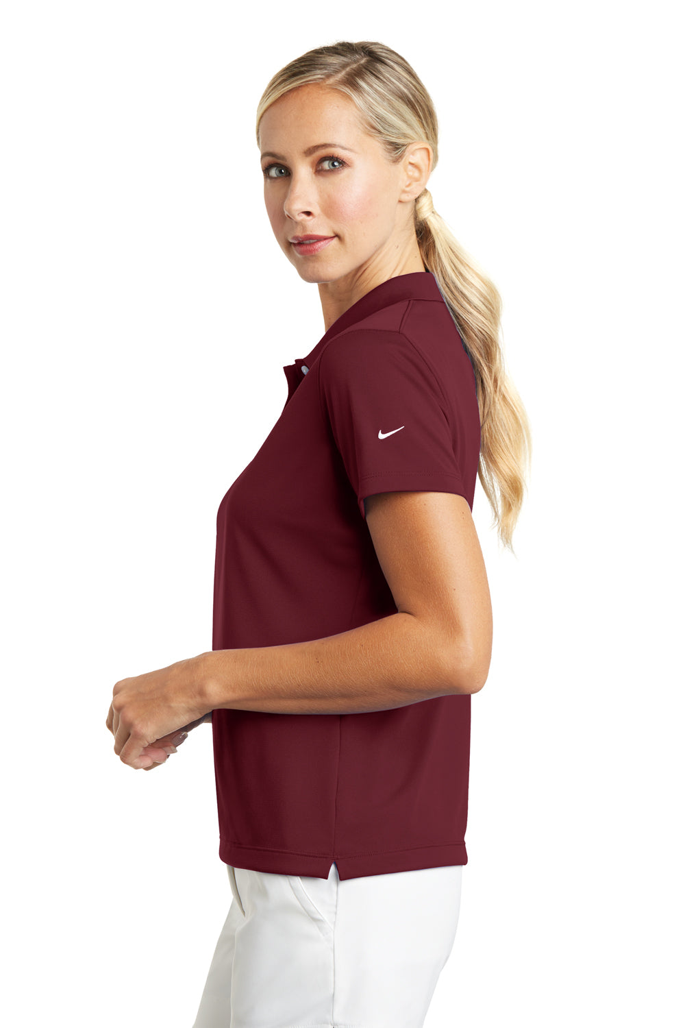 Nike 203697 Womens Tech Basic Dri-Fit Moisture Wicking Short Sleeve Polo Shirt Team Red Model Side
