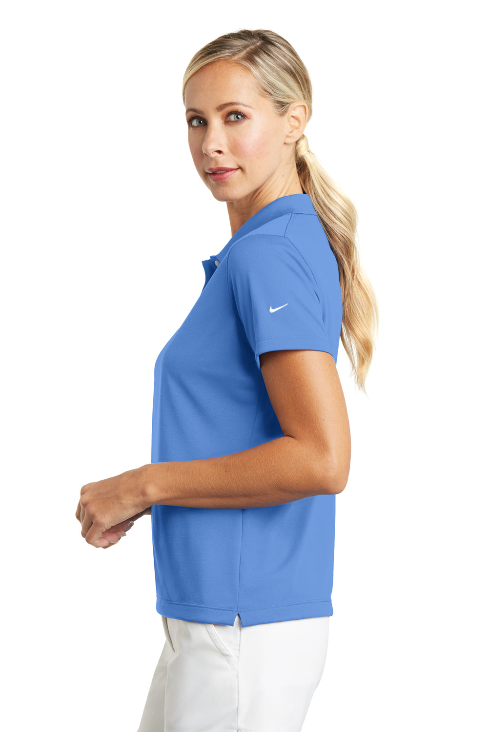 Nike 203697 Womens Tech Basic Dri-Fit Moisture Wicking Short Sleeve Polo Shirt University Blue Model Side