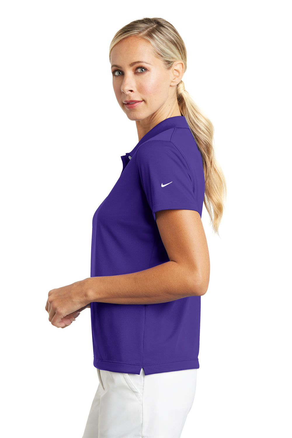 Nike 203697 Womens Tech Basic Dri-Fit Moisture Wicking Short Sleeve Polo Shirt Varsity Purple Model Side