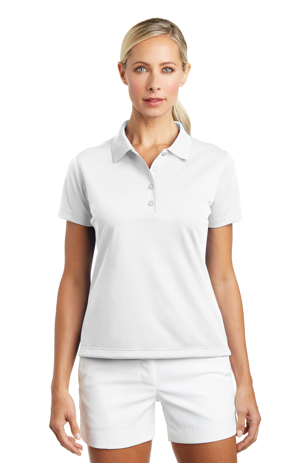 Nike 203697 Womens Tech Basic Dri-Fit Moisture Wicking Short Sleeve Polo Shirt White Model Front