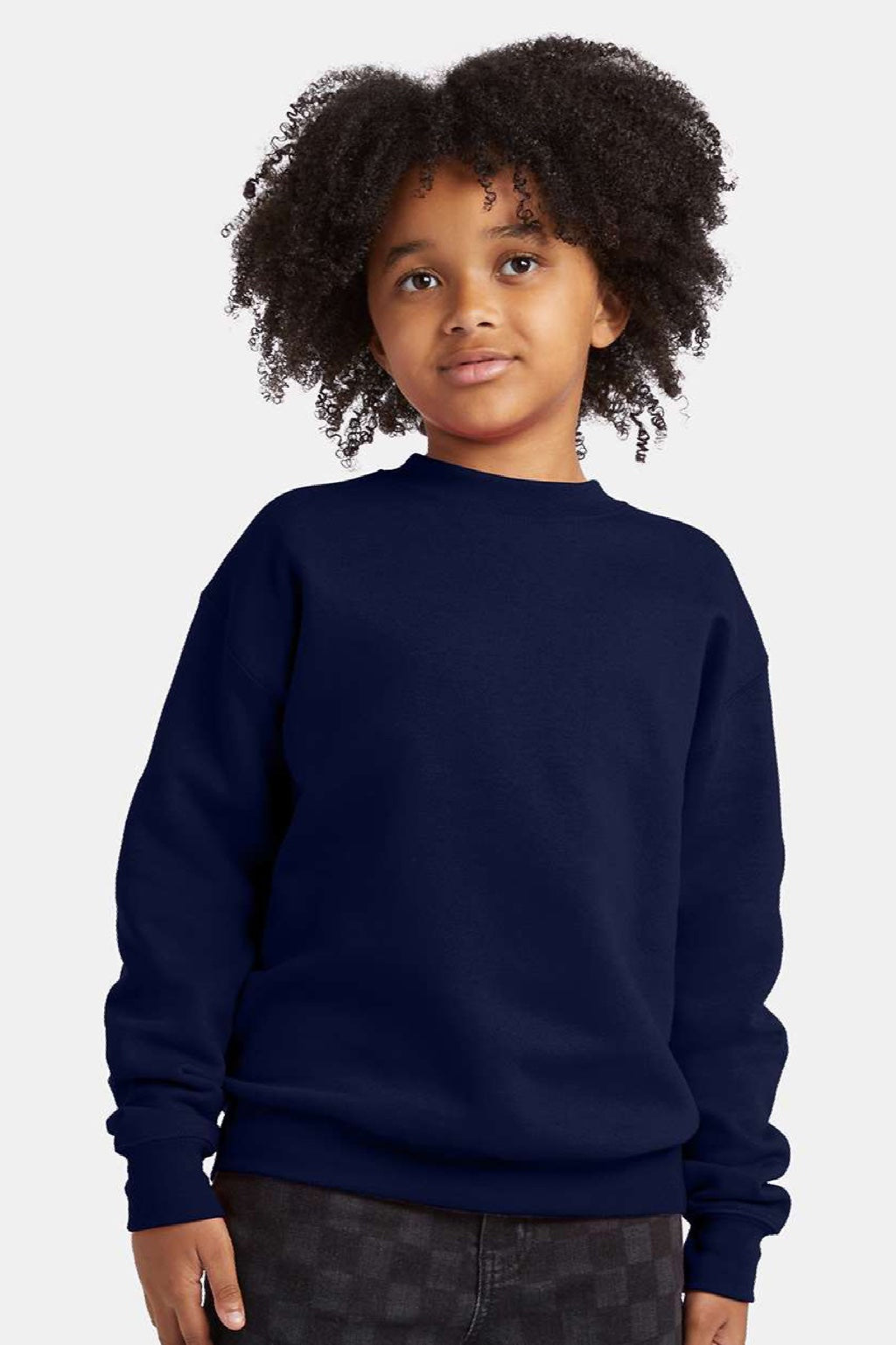 Hanes P360 Youth Ecosmart Crewneck Sweatshirt Navy Blue Model Front