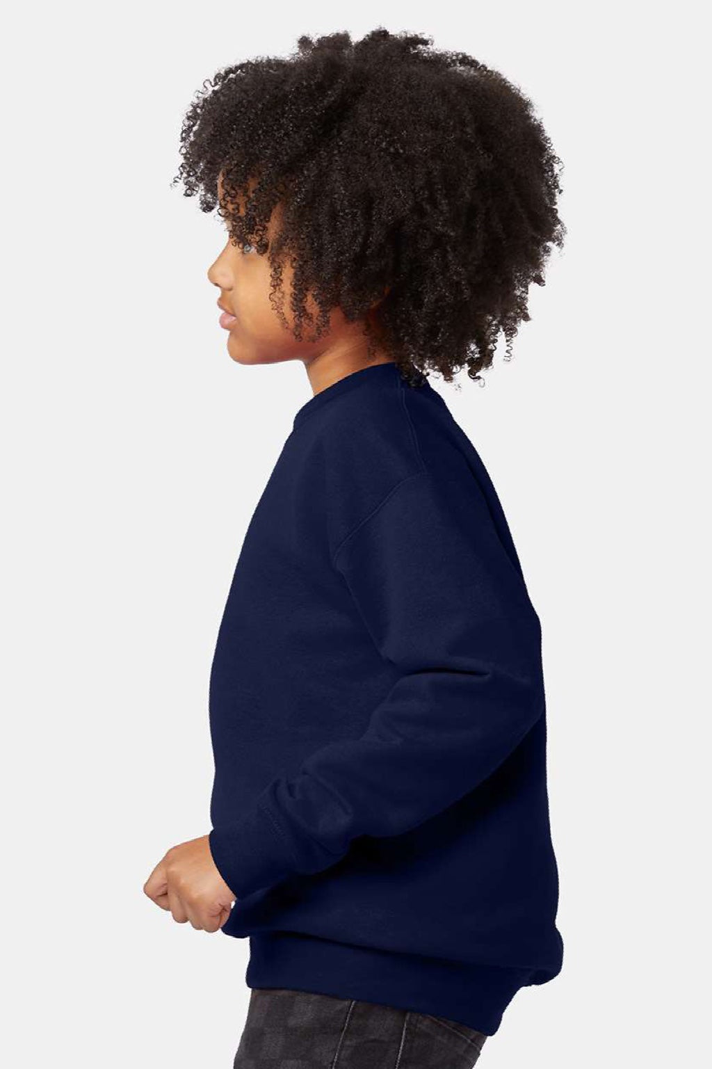 Hanes P360 Youth Ecosmart Crewneck Sweatshirt Navy Blue Model Side