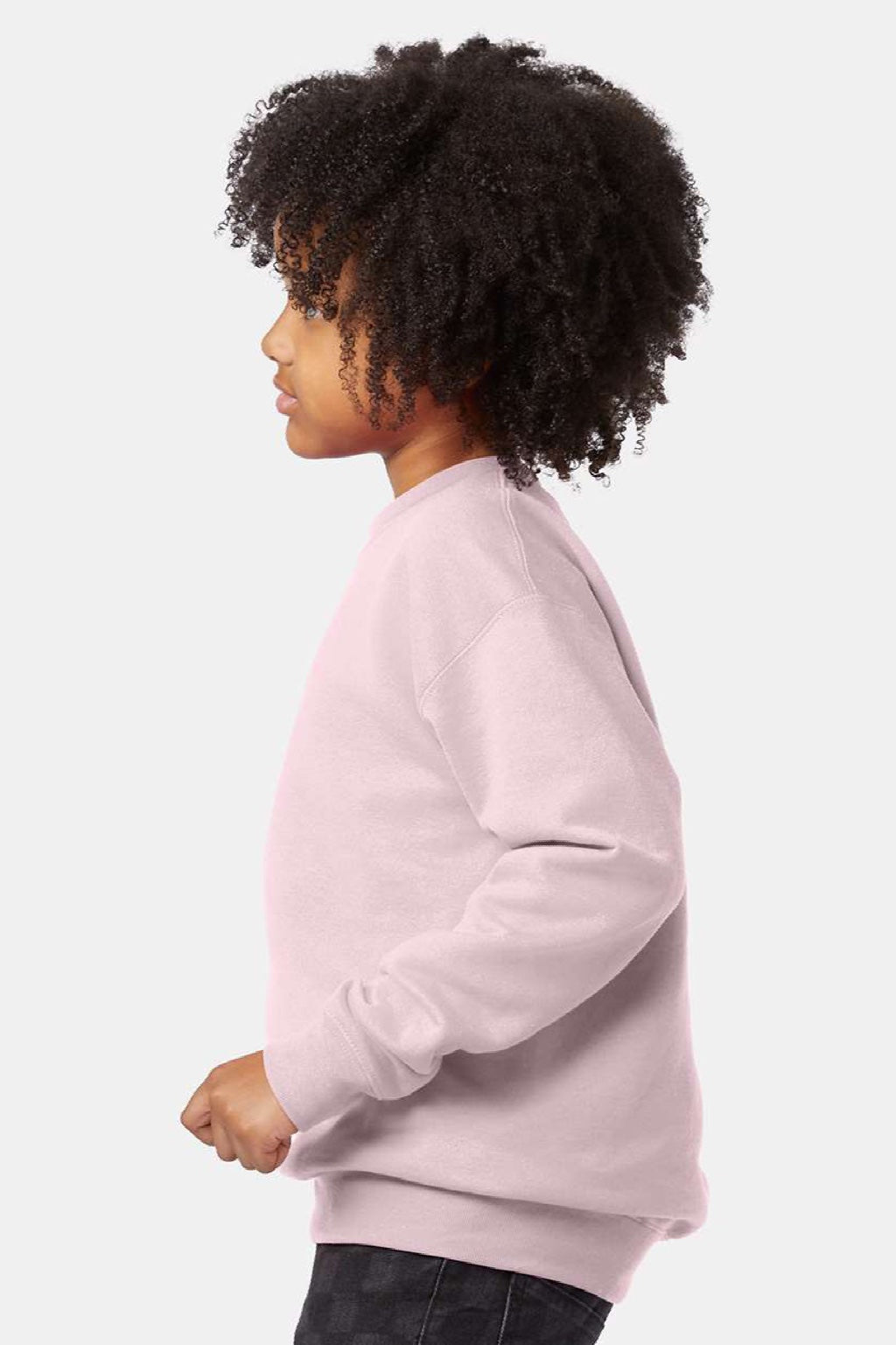 Hanes P360 Youth Ecosmart Crewneck Sweatshirt Pale Pink Model Side