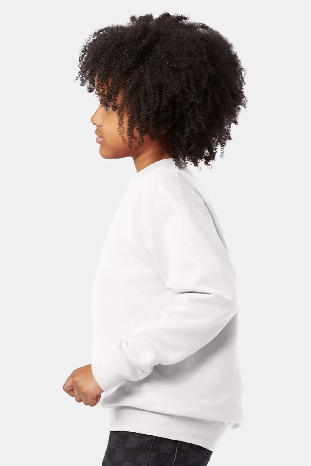 Hanes P360 Youth Ecosmart Crewneck Sweatshirt White Model Side