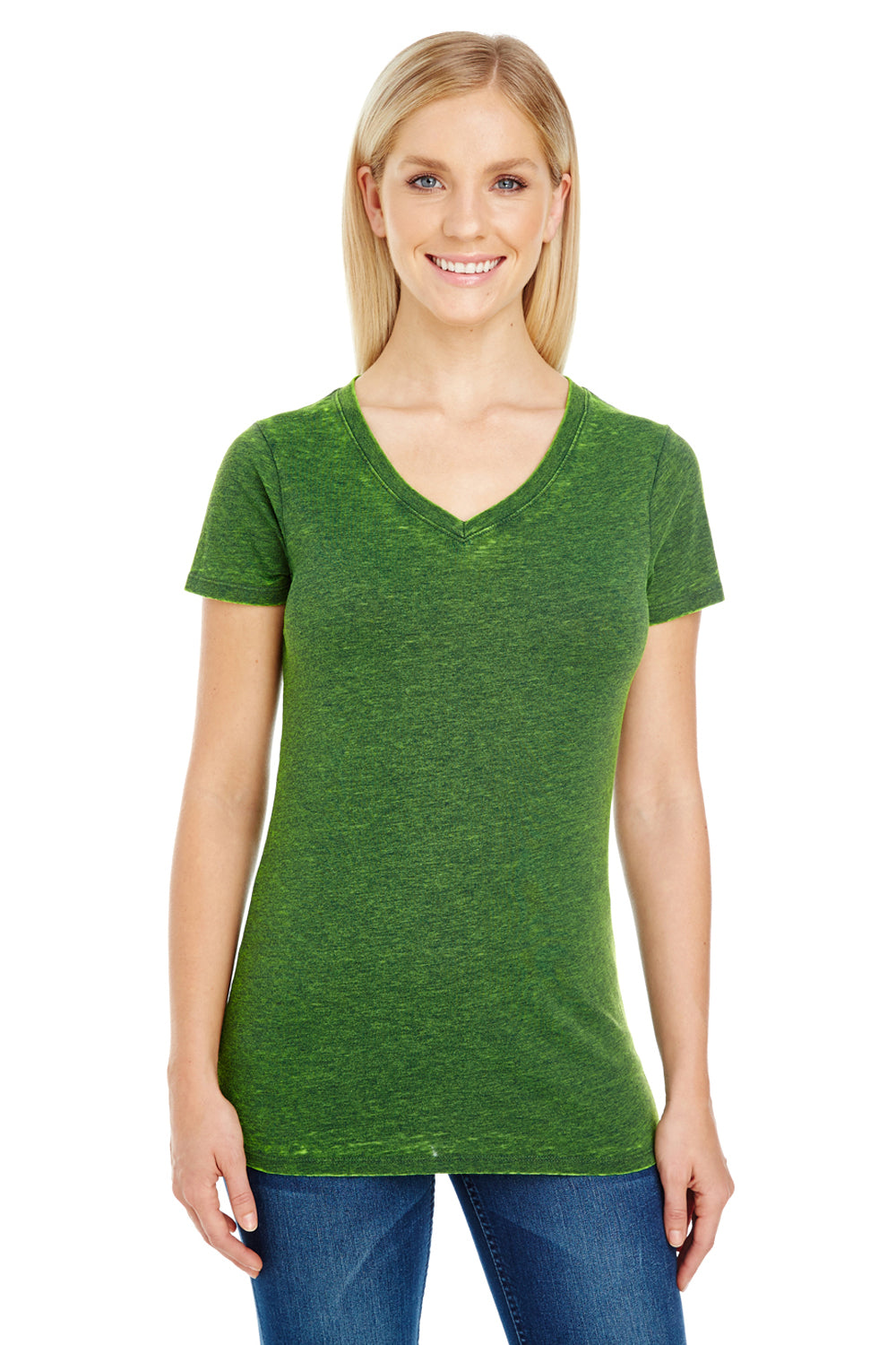Threadfast Apparel 215B Womens Cross Dye Short Sleeve V-Neck T-Shirt Emerald Green Model Front