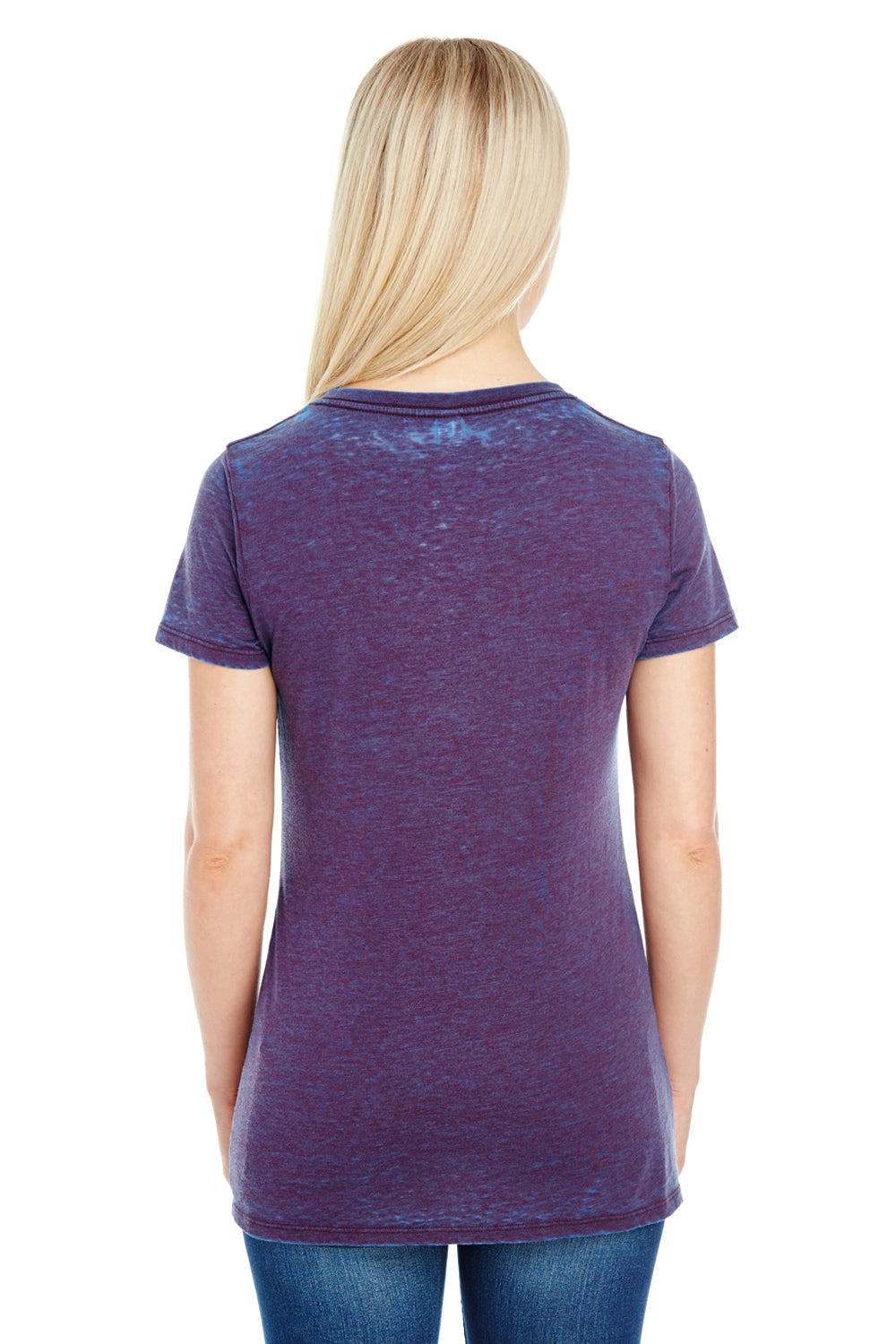 Threadfast Apparel 215B Womens Cross Dye Short Sleeve V-Neck T-Shirt Berry Purple Model Back