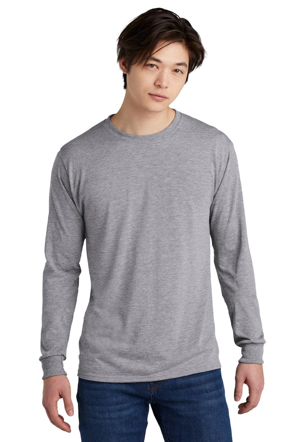 Jerzees 21LS/21LSR Mens Dri-Power Moisture Wicking Long Sleeve Crewneck T-Shirt Heather Grey Model Front