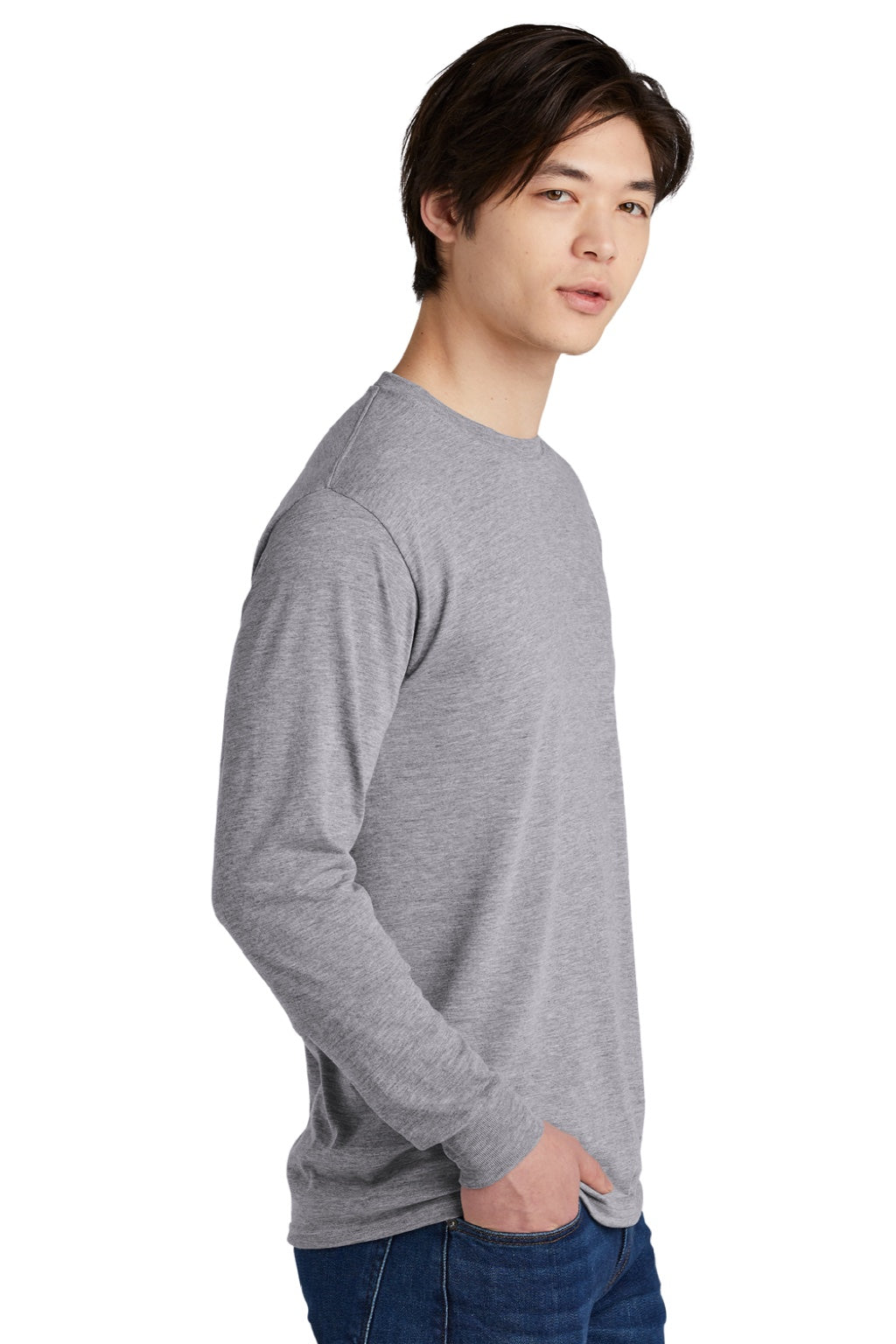 Jerzees 21LS/21LSR Mens Dri-Power Moisture Wicking Long Sleeve Crewneck T-Shirt Heather Grey Model Side