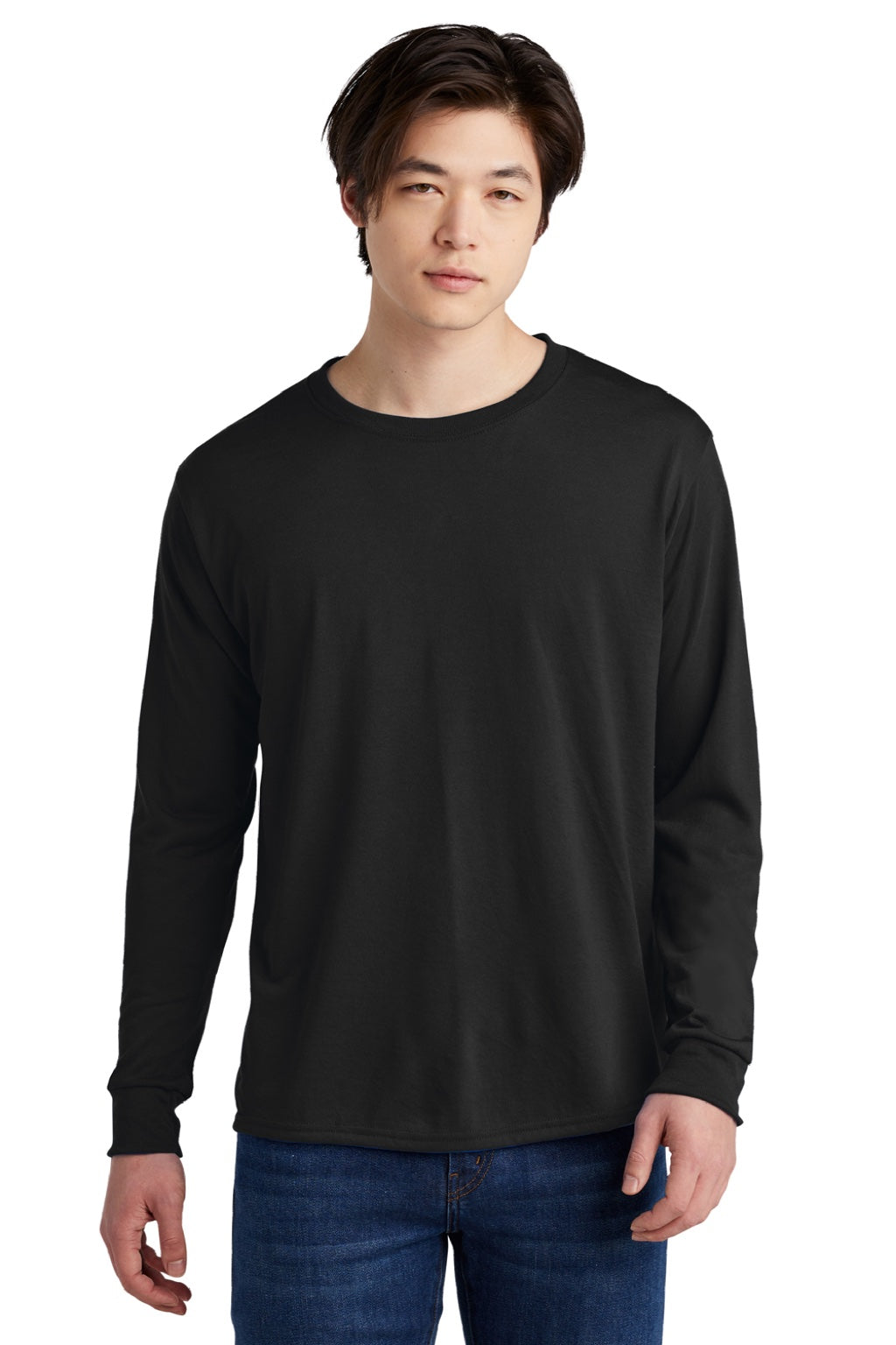 Jerzees 21LS/21LSR Mens Dri-Power Moisture Wicking Long Sleeve Crewneck T-Shirt Black Model Front