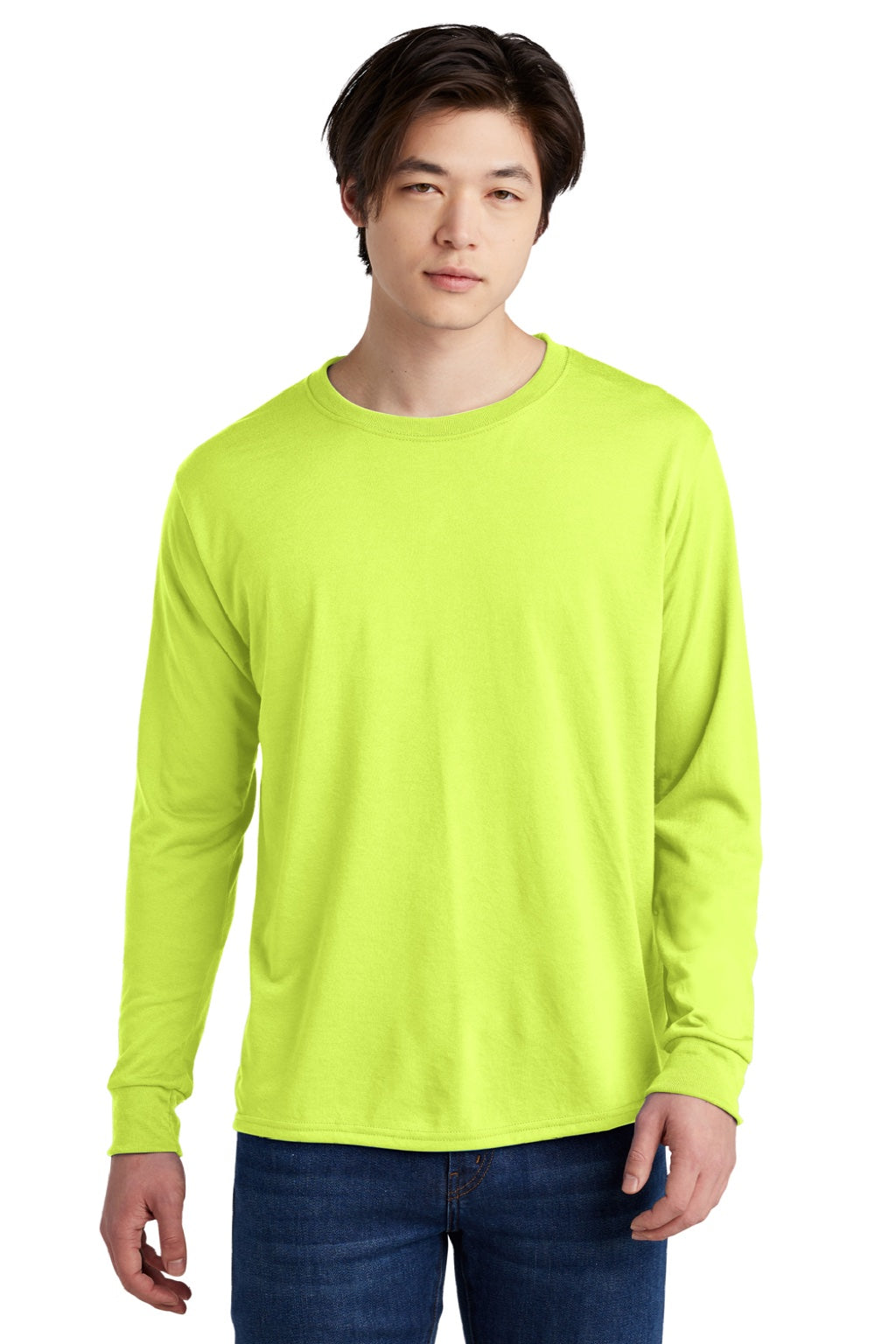 Jerzees 21LS/21LSR Mens Dri-Power Moisture Wicking Long Sleeve Crewneck T-Shirt Safety Green Model Front